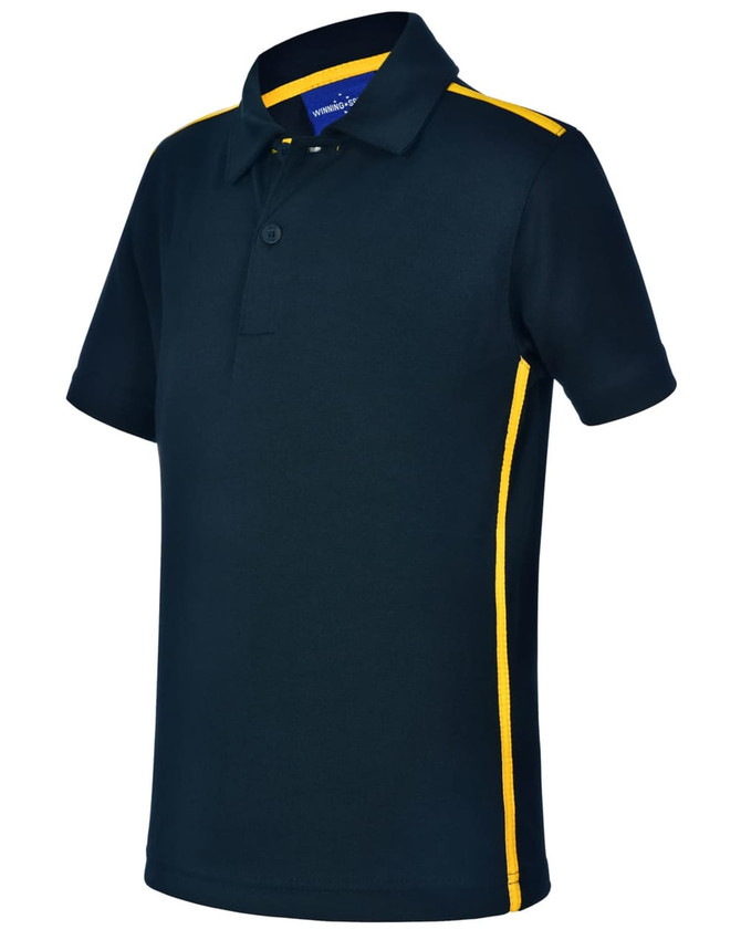 A kids' short sleeve polo in navy with yellow contrast side panels. The shirt features a collar and buttons.