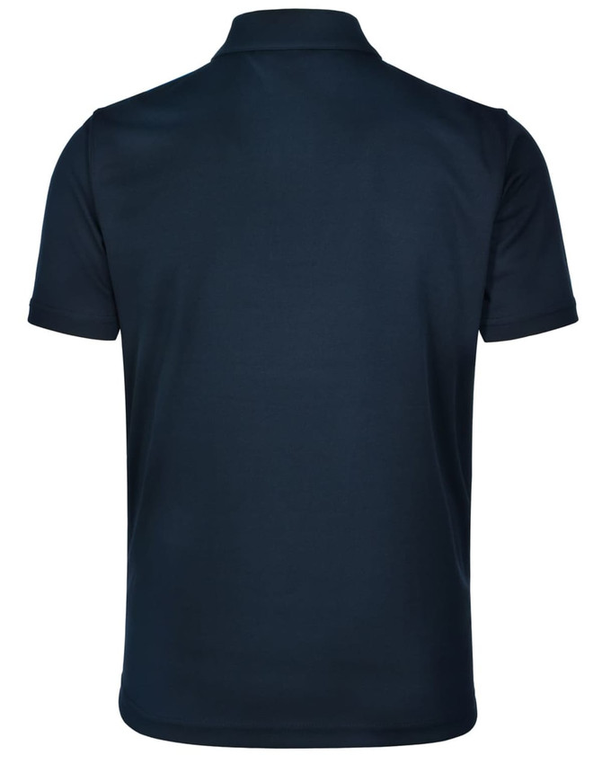 A dark navy kids' polo shirt with short sleeves and a plain back design, featuring a logo on the chest.