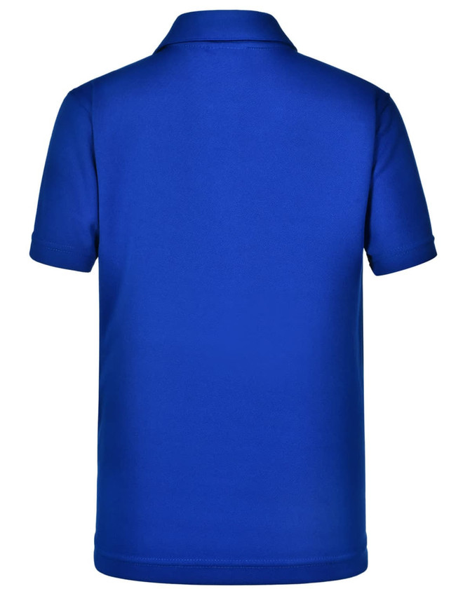 A short sleeve polo shirt in solid blue, featuring a collar and a logo on the back.