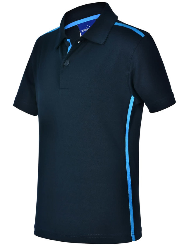 A navy polo shirt with short sleeves featuring blue contrast detailing and a logo.