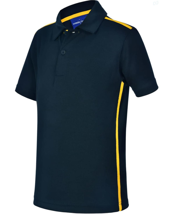 A kids' short sleeve polo in navy with yellow contrast side panels. The shirt features a collar and buttons.