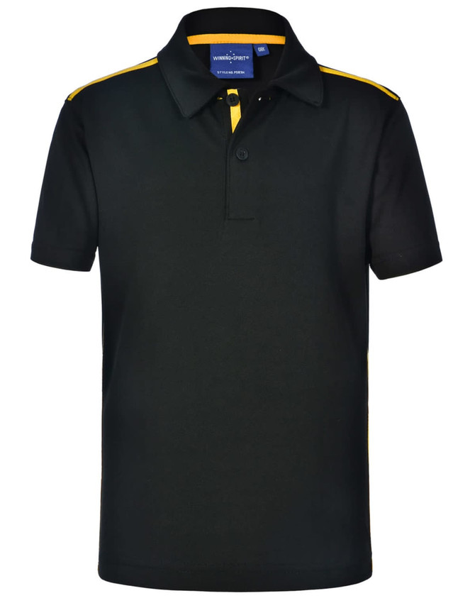 A black short sleeve polo shirt with yellow contrast detailing and a logo on the collar.