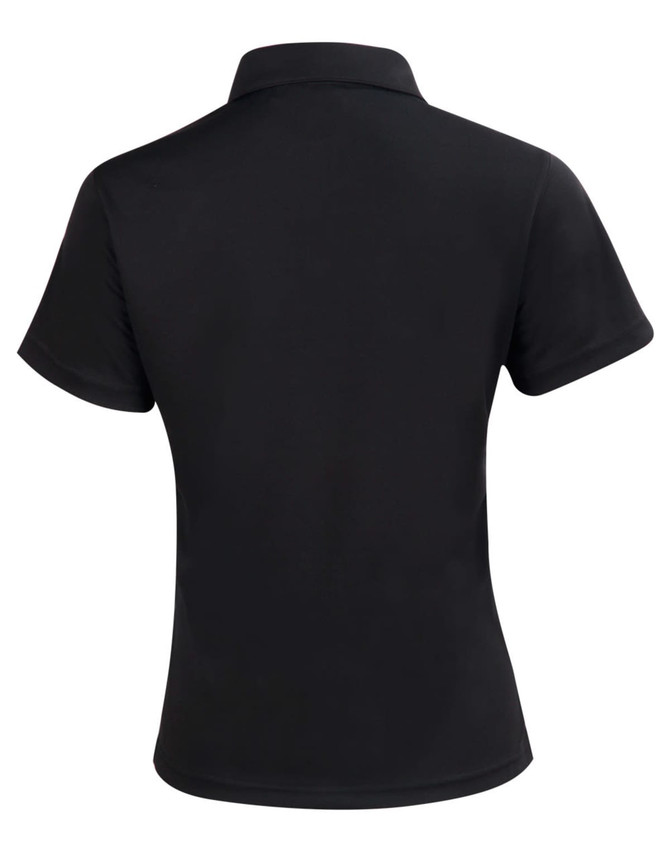 A black short sleeve polo shirt featuring a collar and a logo on the back.