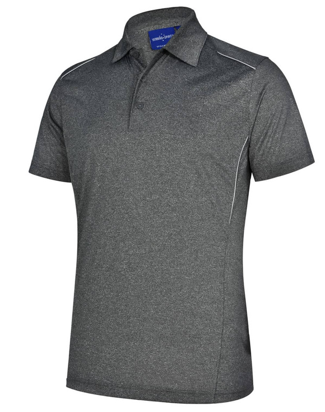 A short sleeve polo shirt in dark grey with subtle white accents and a logo.