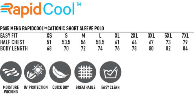 A table featuring specifications for the Men's Ultra Dry Cationic Short Sleeve Polo, with size and measurement details.