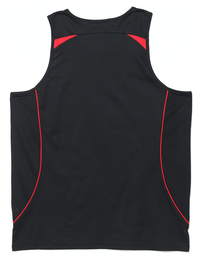 A black men's singlet with red detailing and a logo on the back.