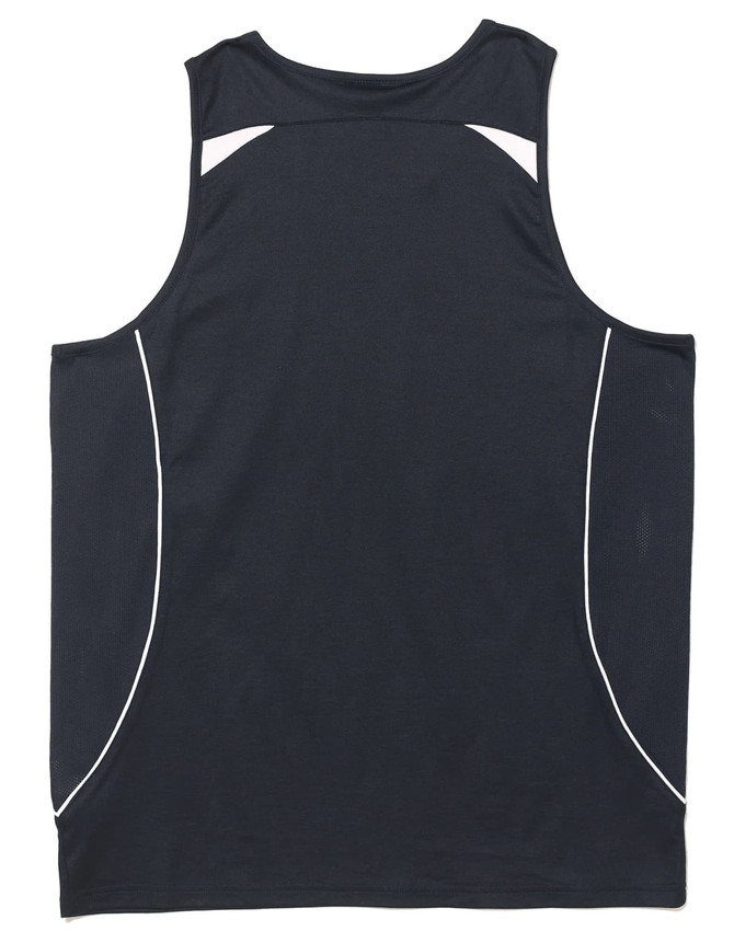 A black men's singlet featuring white accents and a logo, designed for casual wear.