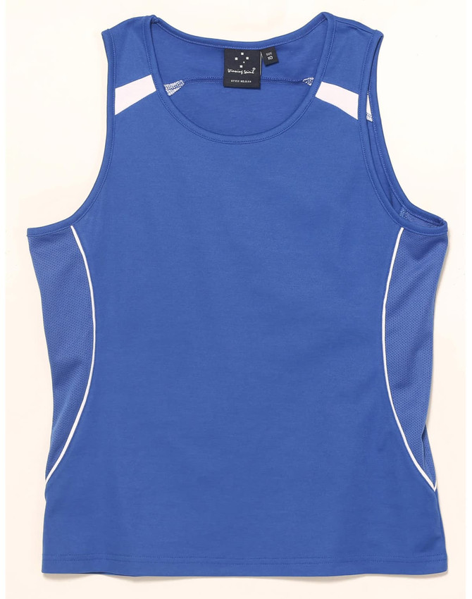 A blue ladies' singlet featuring light pink accents and a logo on the label. Ideal for active wear.