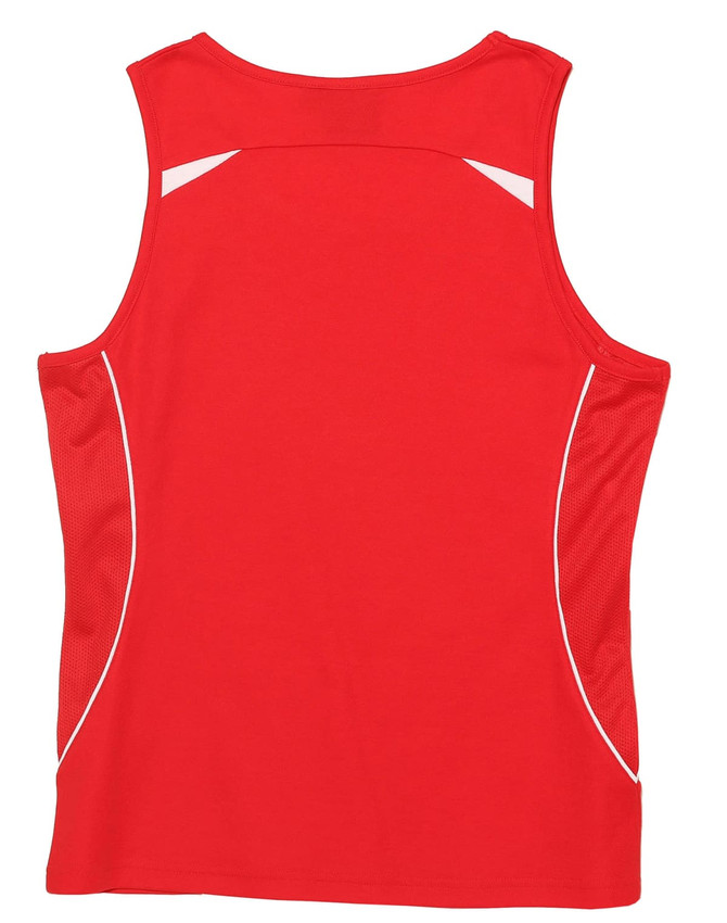 A red ladies' singlet with a mesh back and white accents, featuring a logo on the fabric.