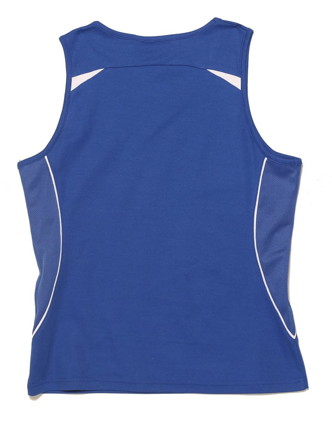 A blue ladies' singlet featuring mesh panels and contrasting trim, with a logo on the back.