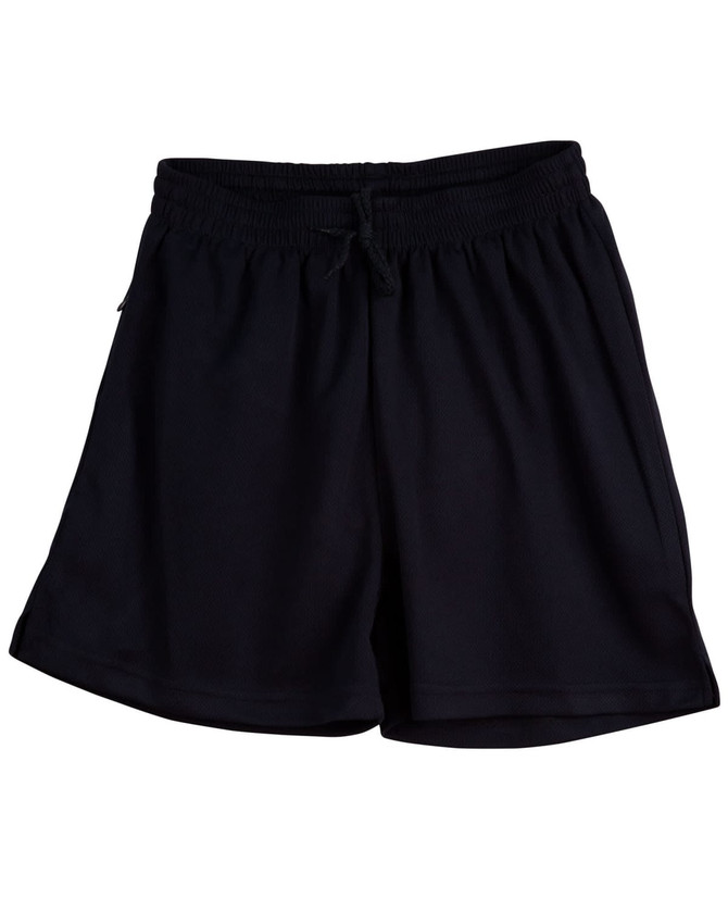 Black adult cooldry sports shorts with an elastic waistband and drawstring, featuring a logo.