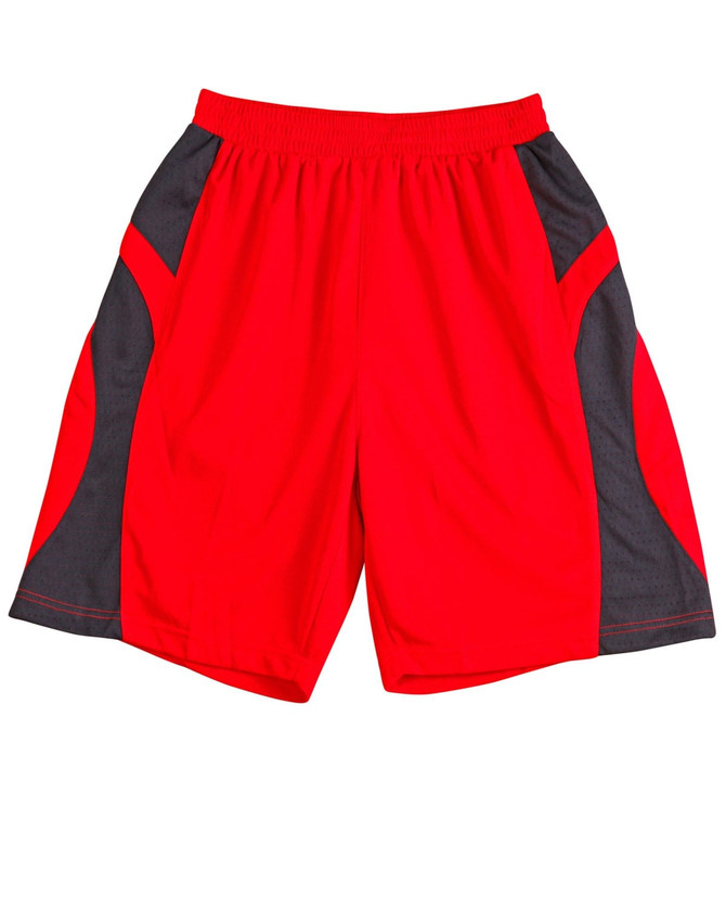 Red adults' basketball shorts with black side panels and an elastic waistband, featuring a logo.