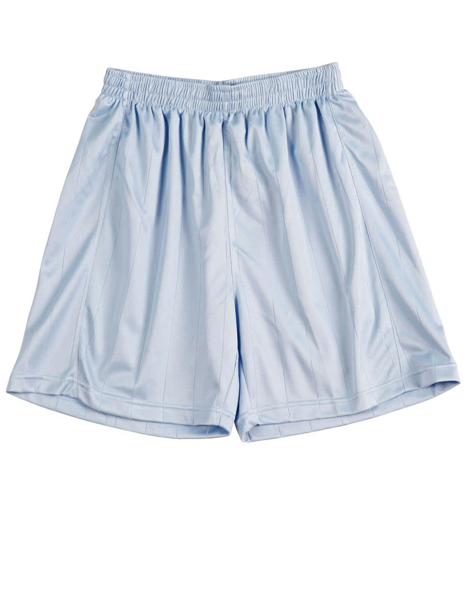Light blue kids’ soccer shorts with an elastic waistband and a logo on the front.