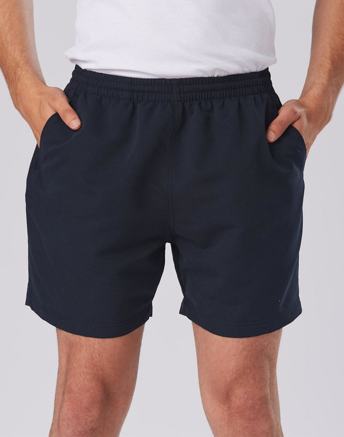 Adult microfibre shorts in navy blue with an elastic waistband and side pockets. Features a logo on the hem.