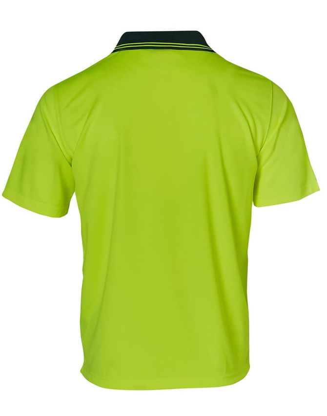 A Hi-Vis short-sleeve polo shirt in bright yellow with a contrasting collar and short sleeves. It features a logo.