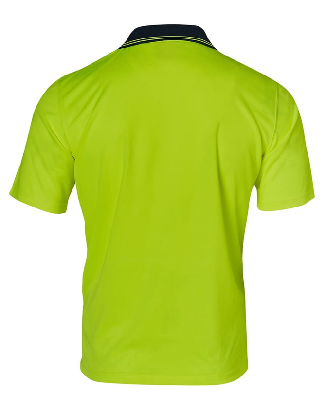 A bright yellow high-visibility polo shirt with a navy collar, featuring a logo on the back.