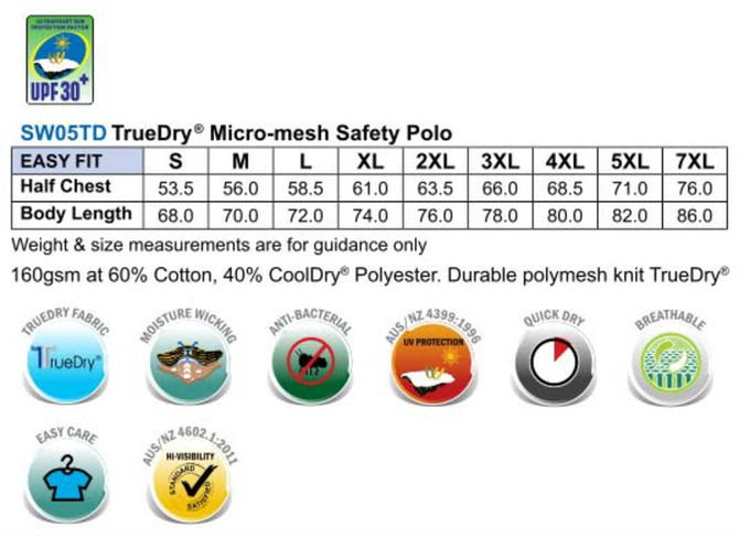 A Hi-Vis long sleeve safety polo in bright yellow with a logo, featuring detailed size measurements.