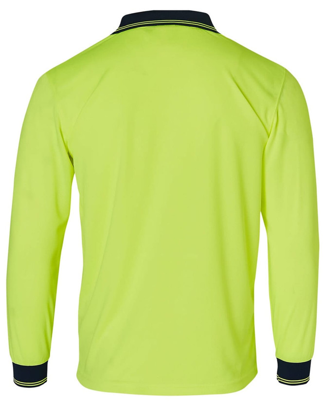 A Hi-Vis long sleeve safety polo in bright yellow with navy collar and cuffs, featuring a logo.