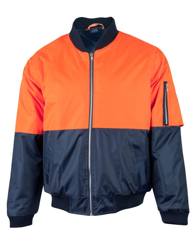 A Hi-Vis two-tone jacket featuring orange and navy colours, designed for safety wear. Includes a logo on the jacket.