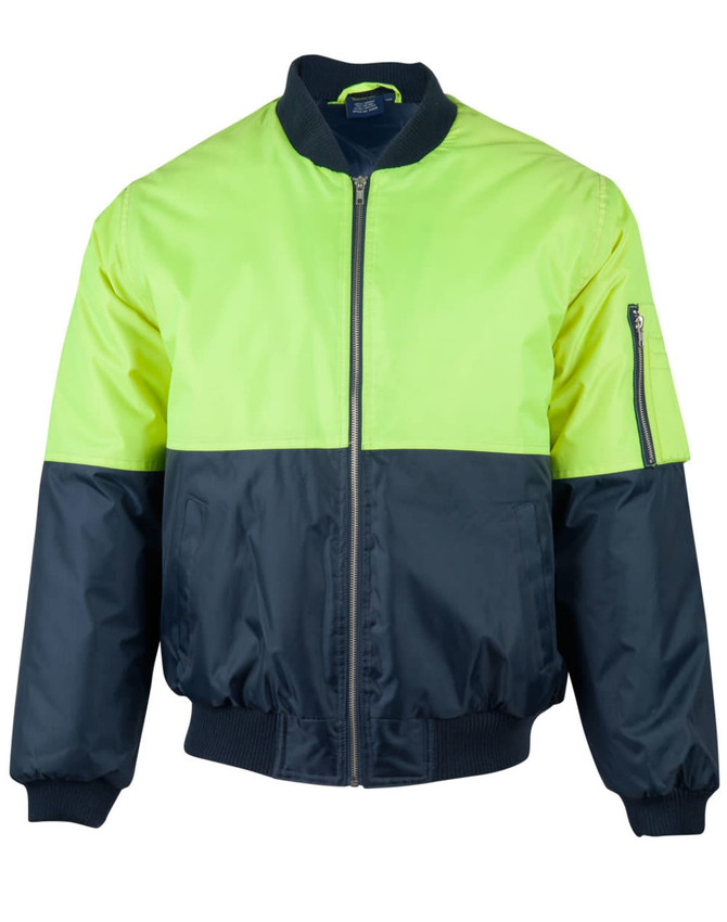 A Hi-Vis two-tone flying jacket in fluorescent yellow and navy blue with a zip pocket and a logo.