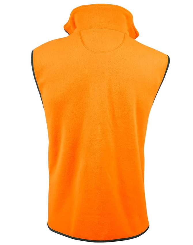 A polar fleecy vest in high-visibility orange, featuring a collar and black edging, with a branding logo.