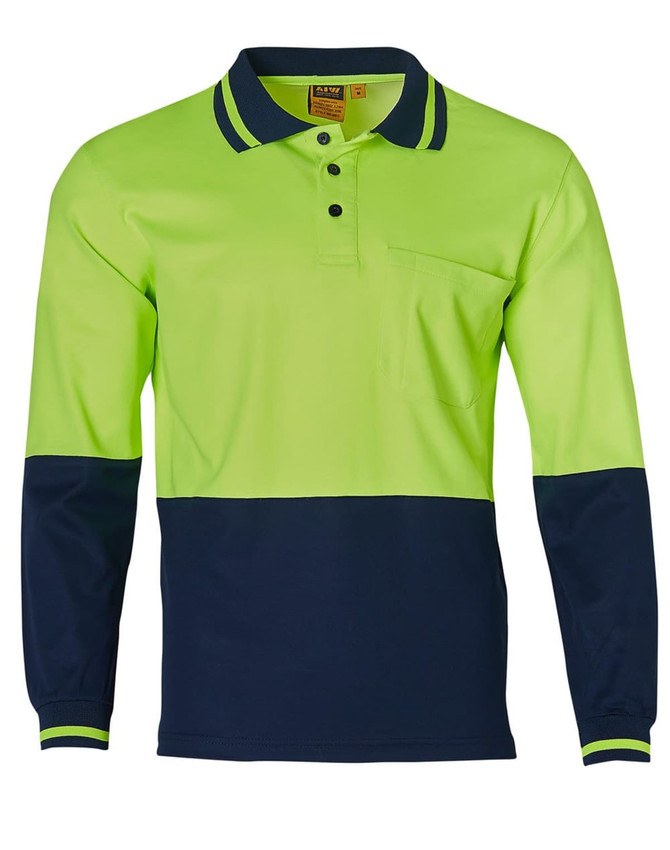 A long-sleeve safety polo shirt in bright green with navy blue accents and a chest pocket, featuring a logo.