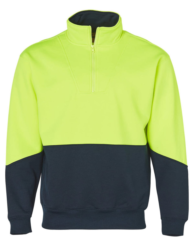 A high-visibility long sleeve windcheater collar in bright yellow and navy, featuring a zippered neck and a logo.