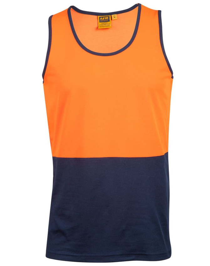 A hi-vis singlet in bright orange with a navy blue bottom section, featuring a logo on the label.