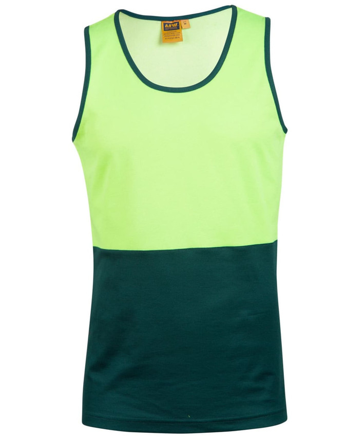A high-visibility singlet in bright yellow and dark green, featuring a logo on the fabric.
