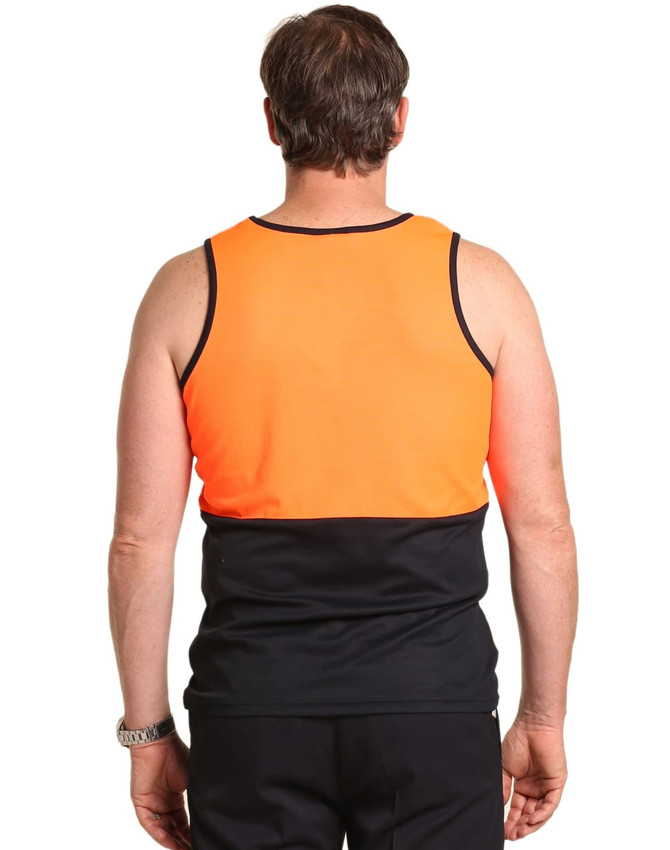A safety singlet featuring a bright orange upper section and black lower portion, with a logo displayed.