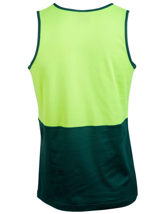 A high-visibility mesh knit safety singlet in bright yellow and dark green, featuring a branding logo.