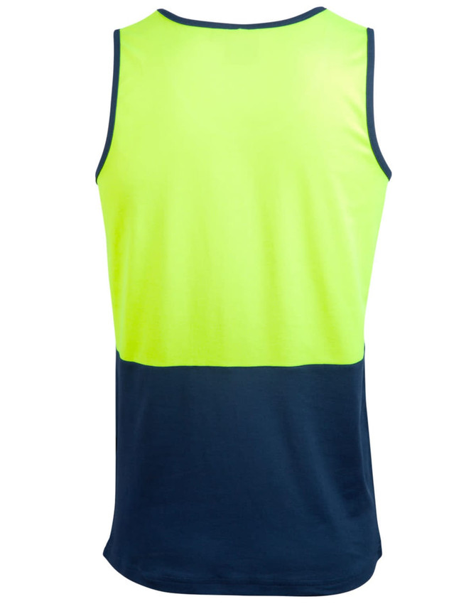 A Hi-Vis safety singlet featuring a bright yellow upper and a navy blue lower section. Includes branding.