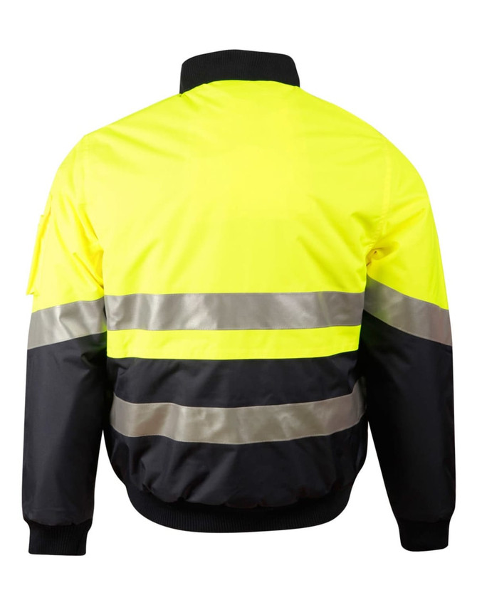 A hi-vis two-tone flying jacket in bright yellow and black, featuring reflective 3M tapes and a logo.