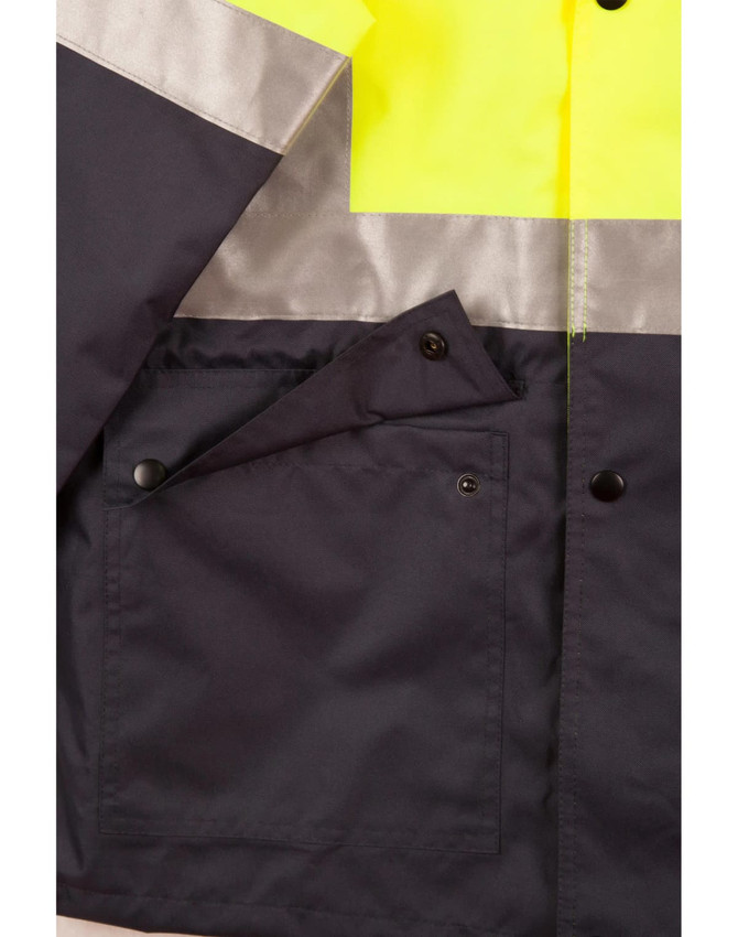 A high-visibility two-tone rainproof safety jacket featuring bright yellow and navy with reflective strips and a pocket.