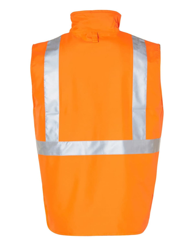 A bright orange reversible safety vest featuring reflective silver hoop patterns and a collar.