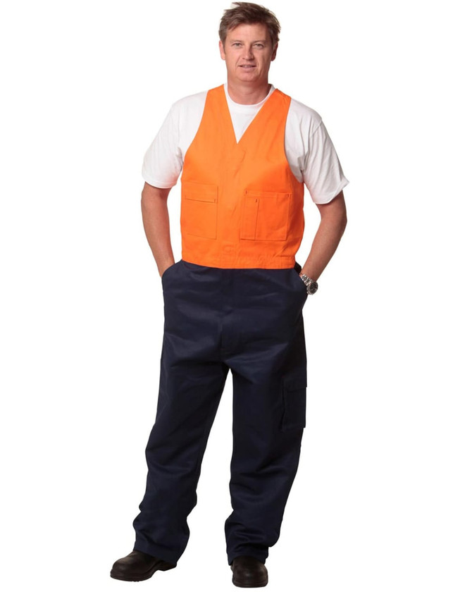 Men's cotton drill overall in navy blue with an orange vest. Features two front pockets and a logo.