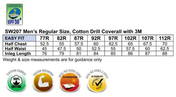 A size chart for Hi-Vis men's lightweight cotton coverall featuring 3M tape, with measurements for fit and length.