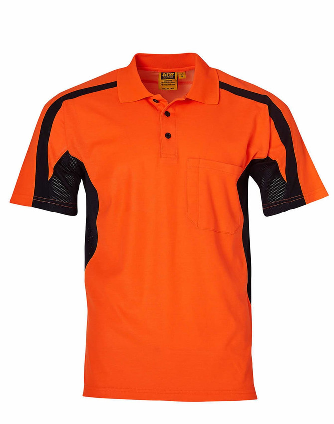 An orange short-sleeve safety polo shirt featuring black side panels and a chest pocket. It includes a logo.