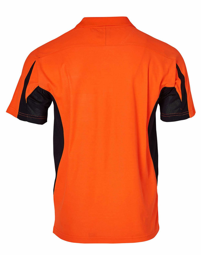 An orange and black men's safety polo shirt featuring a logo, with a short-sleeve design and a back view.