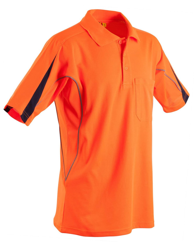 An orange men's polo shirt with short sleeves, featuring a pocket and contrasting dark blue accents. It has a logo.