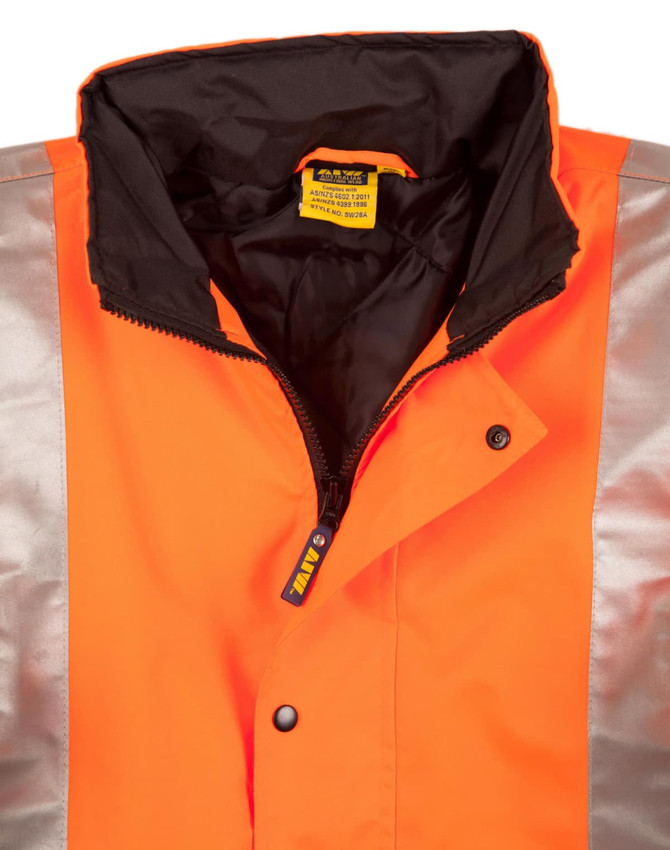 A Hi-Vis two-tone rainproof quilted safety jacket in bright orange with reflective silver stripes and a black lining.