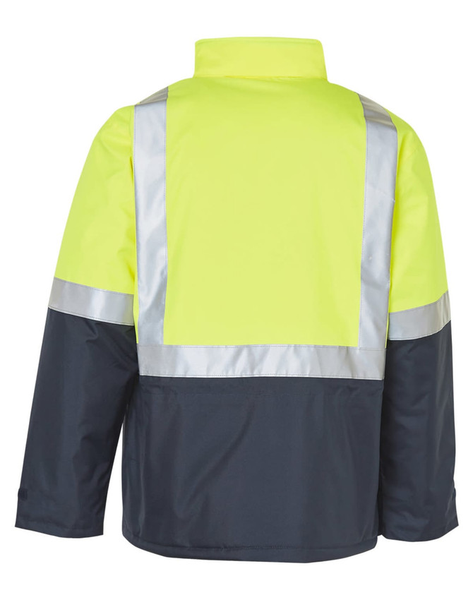 A hi-vis two-tone rainproof quilted safety jacket in bright yellow and navy, featuring reflective 3M tape accents.