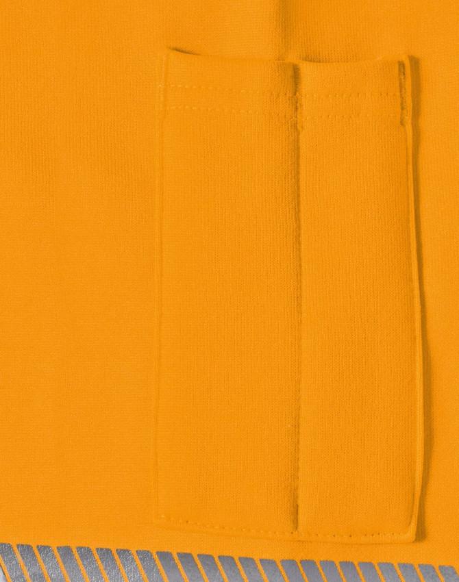 An orange work jumper featuring a front pocket, designed for safety and visibility.