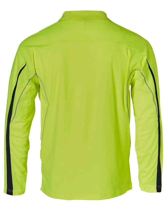 A bright yellow long-sleeve polo shirt with black accents and a logo on the chest.
