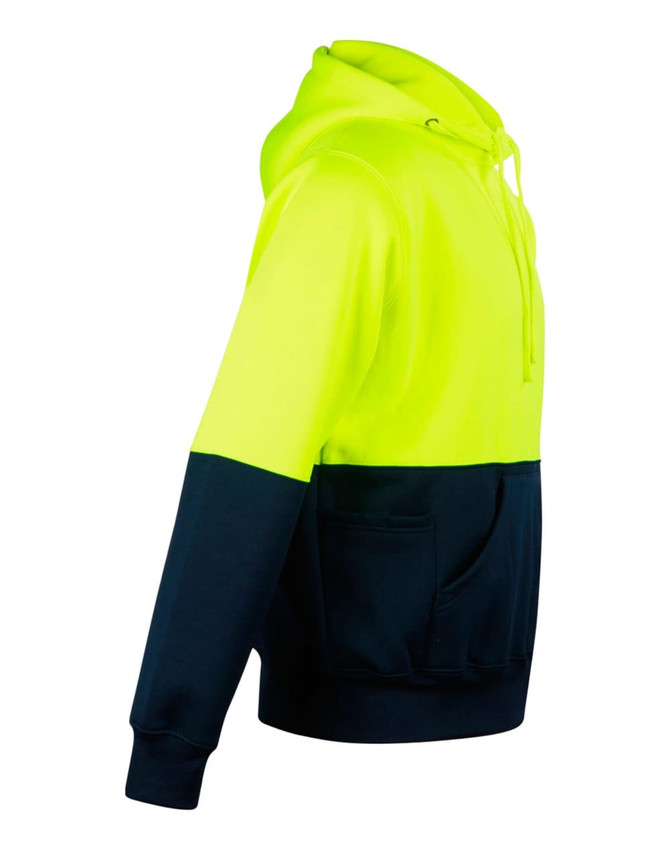 A high-visibility two-tone hoodie featuring a bright yellow upper and a navy blue lower section, with a kangaroo pocket and a logo.
