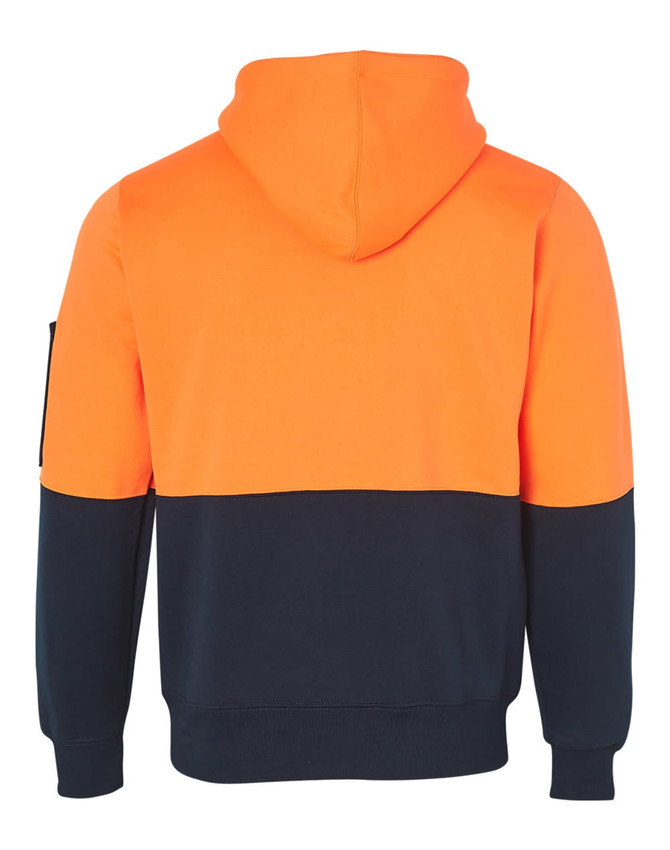 A two-tone kangaroo pocket hoodie featuring bright orange and navy blue colours, with a hood and a side pocket.