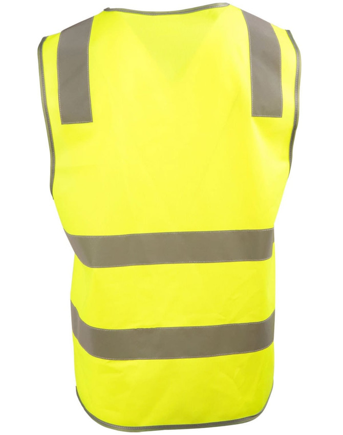 A bright yellow safety vest featuring grey shoulder reflective tapes, designed for visibility and safety.