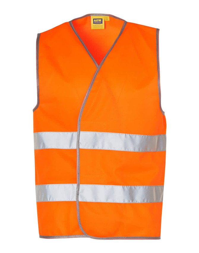 An orange safety vest featuring reflective silver tapes, suitable for visibility in various environments.
