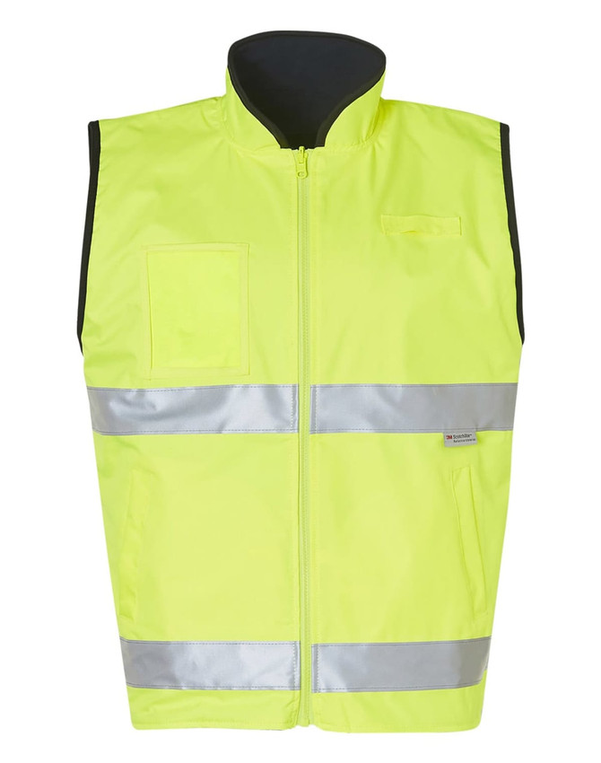 A fluorescent yellow reversible safety vest with a mandarine collar and reflective 3M tape detailing, featuring a pocket.