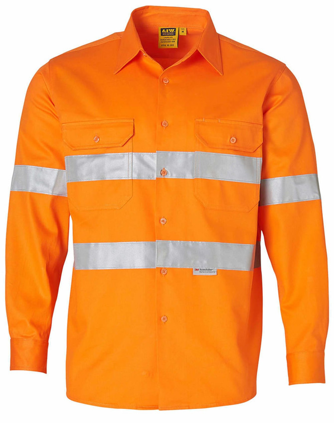 An orange long-sleeve drill shirt featuring reflective 3M tape and two chest pockets, with branding on the label.